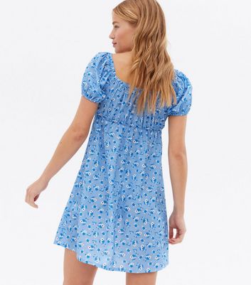 blue floral ruched mini dress