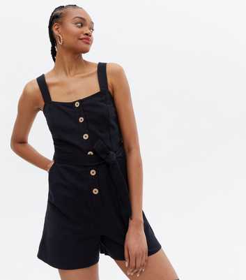 Tall Black Square Neck Button Front Belted Playsuit