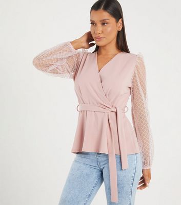 Quiz Pink Mesh Diamanté Wrap Peplum Blouse New Look