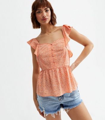 Pink Floral Frill Button Front Peplum Cami New Look