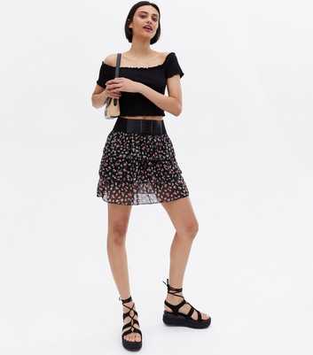 Cameo Rose Black Floral Lace Up Belted Mini Skirt