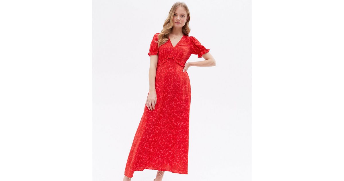 Red Spot Frill V Neck Midi Dress | New Look