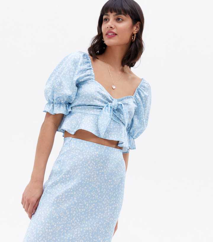 Blue Ditsy Floral Satin Tie Front Crop Top