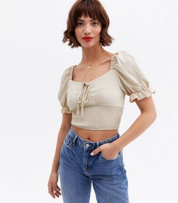 Cameo Rose Stone Shirred Tie Front Crop Top New Look