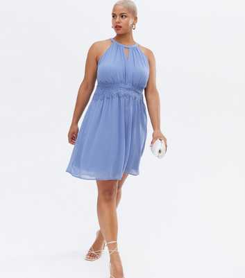 VILA Curves Blue Halter Neck Lace Trim Dress