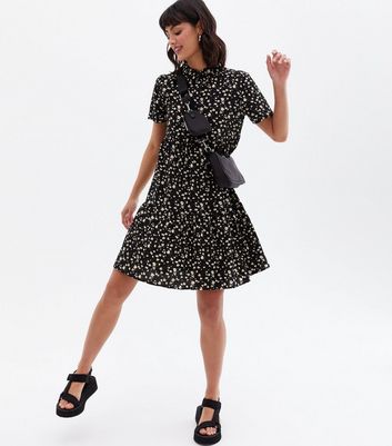 Jdy Women's Black Floral Short Sleeve Mini Shirt Dress New Look - XS