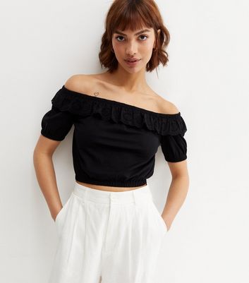 Black Broderie Trim Bardot Crop Top New Look