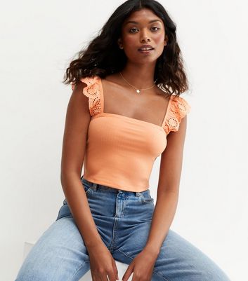 Orange Ribbed Broderie Ruffle Cami New Look
