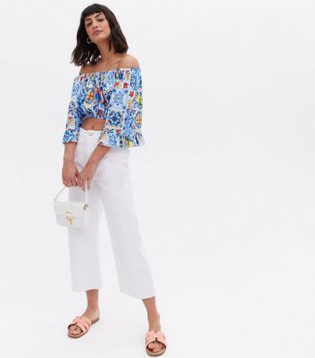 Click to view product details and reviews for Cameo Rose Blue Tile Print Bardot Crop Blouse New Look.