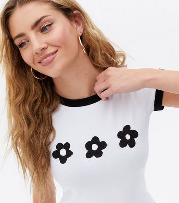 Damen Bekleidung White 3 Flowers Ringer T-Shirt