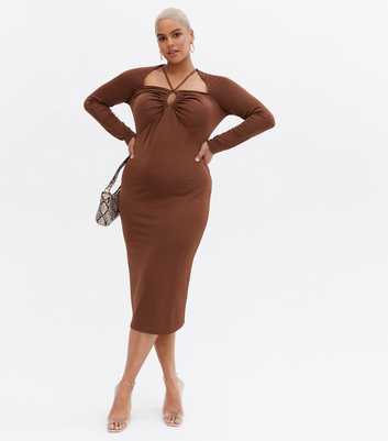 Curves Brown Strappy Cut Out Long Sleeve Midi Dress