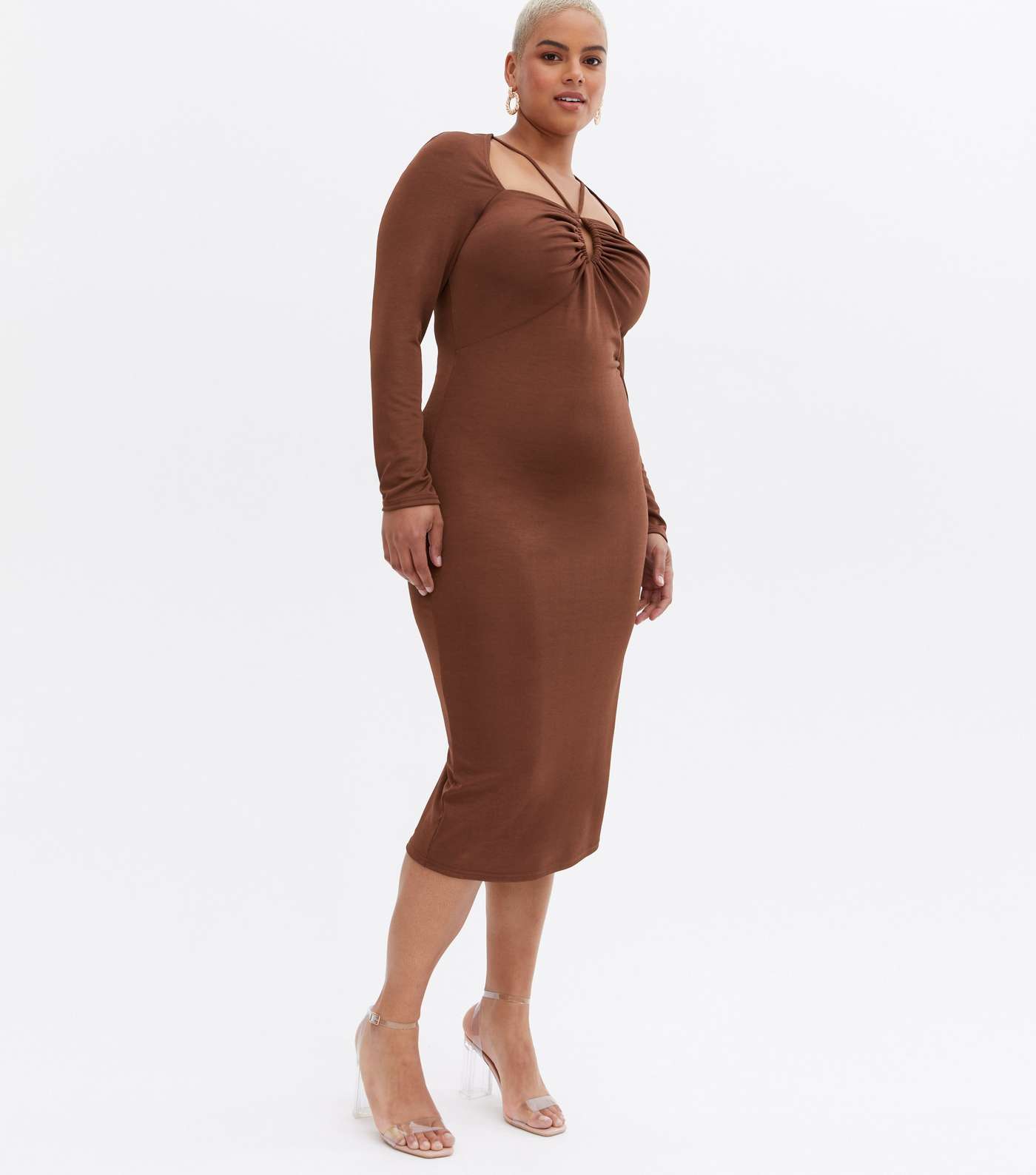 Curves Brown Strappy Cut Out Long Sleeve Midi Dress Image 2