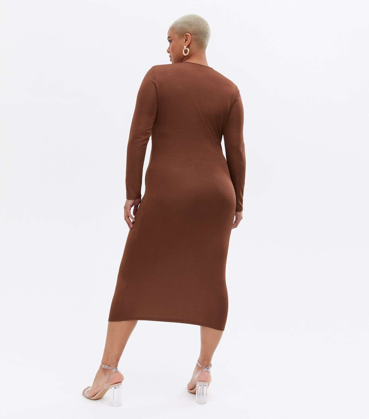Curves Brown Strappy Cut Out Long Sleeve Midi Dress Image 4