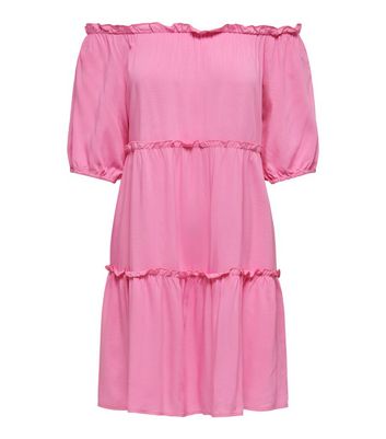 Click to view product details and reviews for Jdy Mid Pink Tiered Frill Bardot Mini Dress New Look.