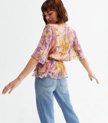 Damen Bekleidung JDY Pink Floral Chiffon Belted Wrap Peplum Blouse Damen Bekleidung JDY Pink Floral Chiffon Belted Wrap Peplum Blouse