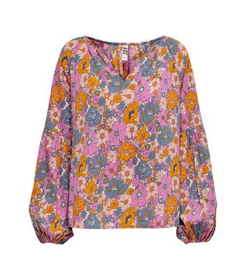 JDY Pink Floral V Neck Puff Sleeve Tunic Blouse New Look