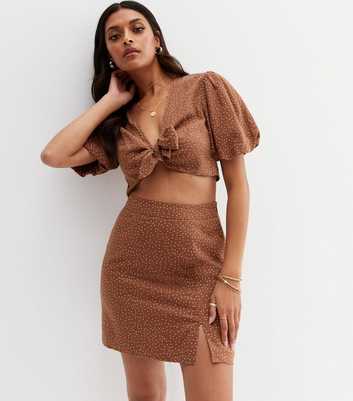 Brown Spot Linen Blend Mini Skirt