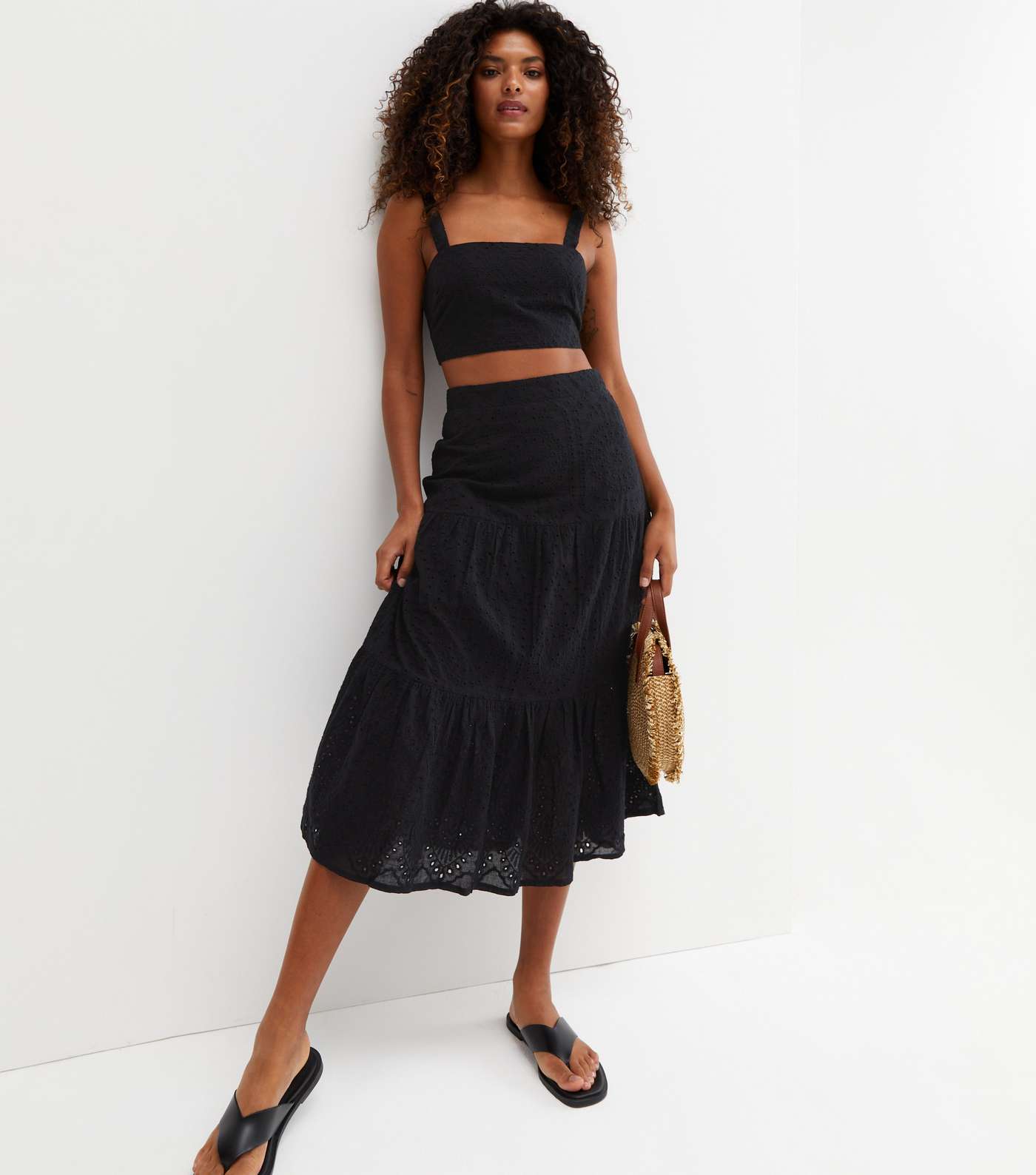 Black Cutwork Tiered Midi Skirt