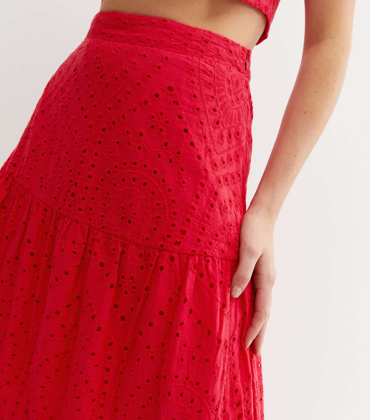 Red Cutwork Tiered Midi Skirt Image 2