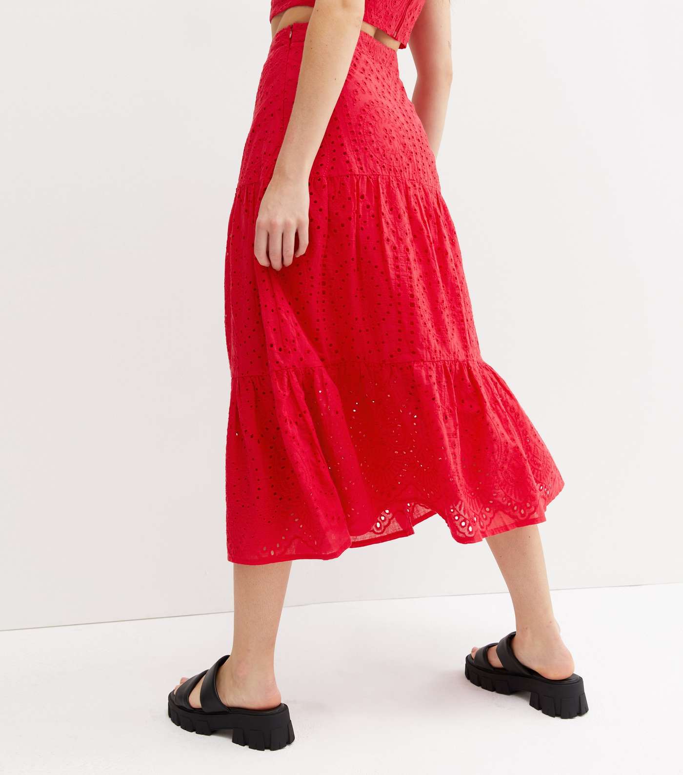 Red Cutwork Tiered Midi Skirt Image 4