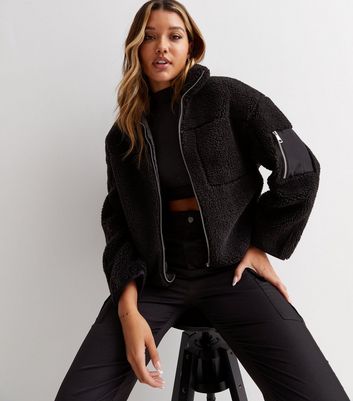 Cropped black borg clearance jacket