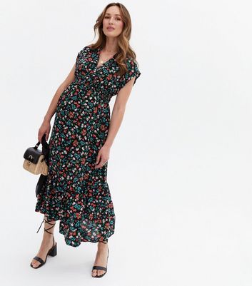 Maternity Black Floral Midi Wrap Dress 