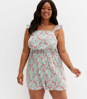 Curves White Ditsy Floral Shirred Playsuit