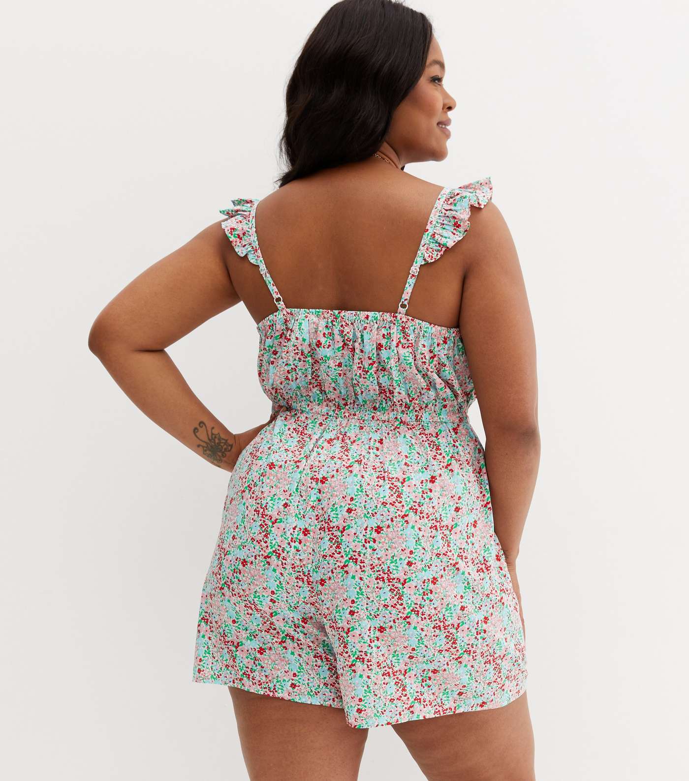 Curves White Ditsy Floral Shirred Playsuit Image 4