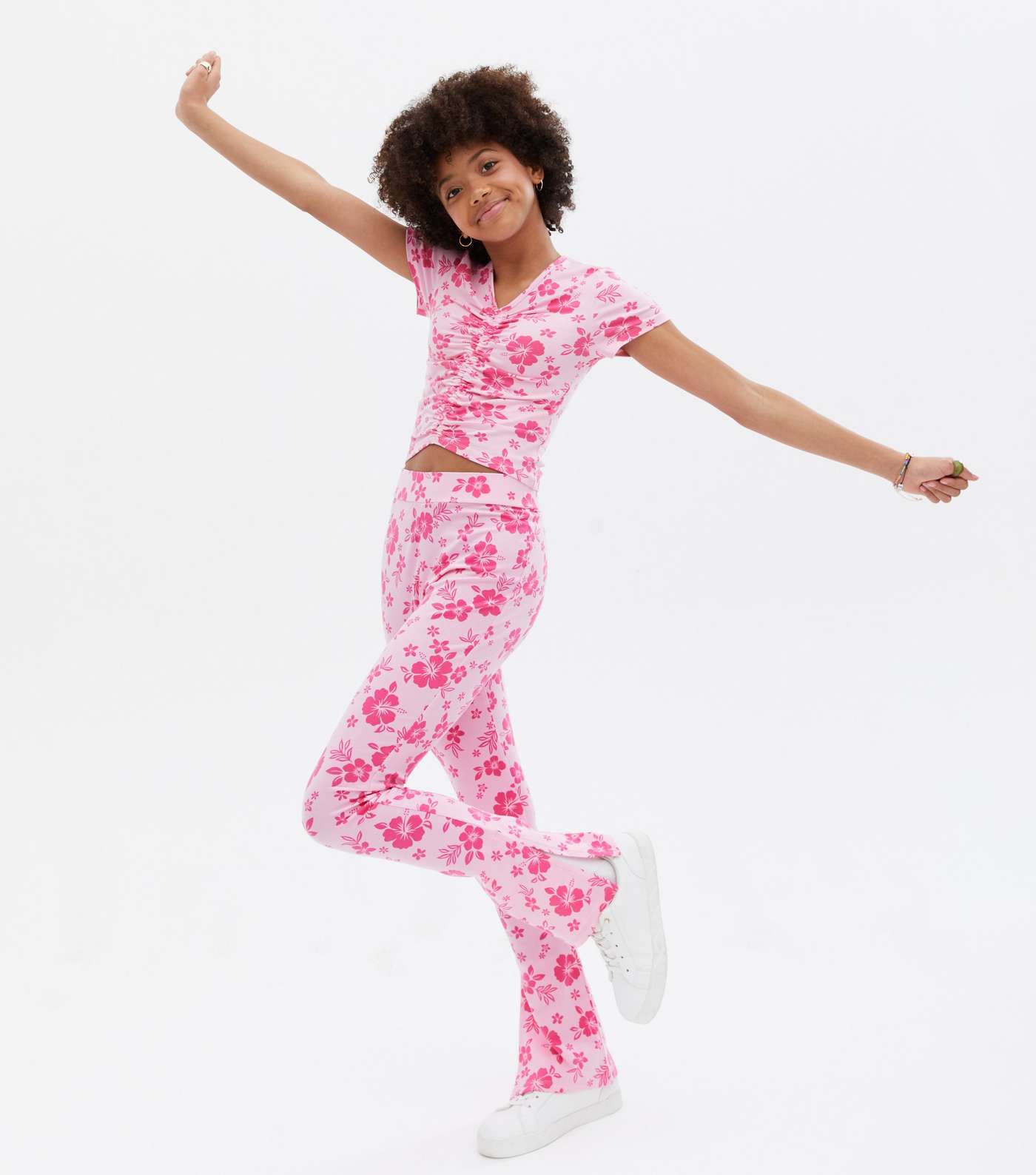 Girls Pink Floral Flared Trousers