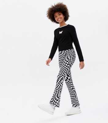 Girls Black Checkerboard Flared Trousers