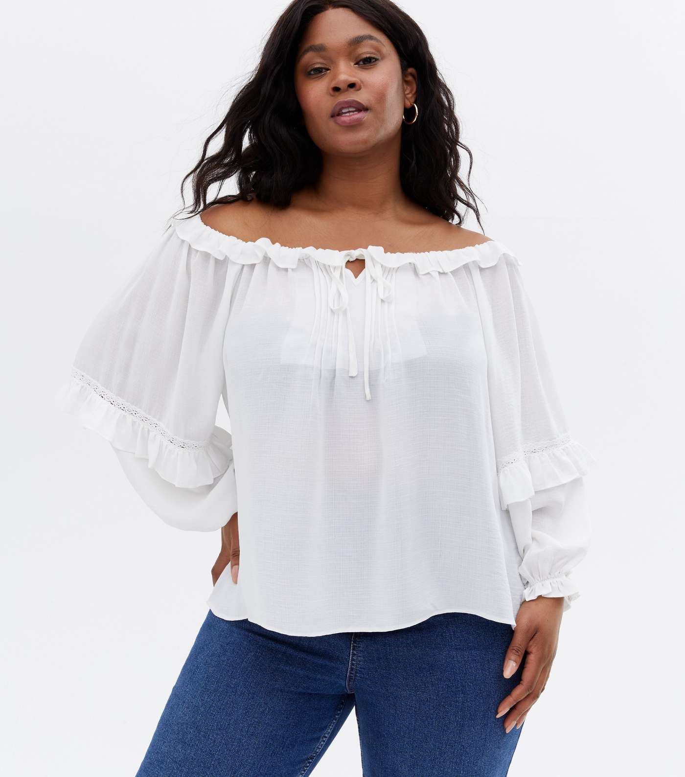 Curves Off White Frill Tie Front Bardot Blouse Image 3