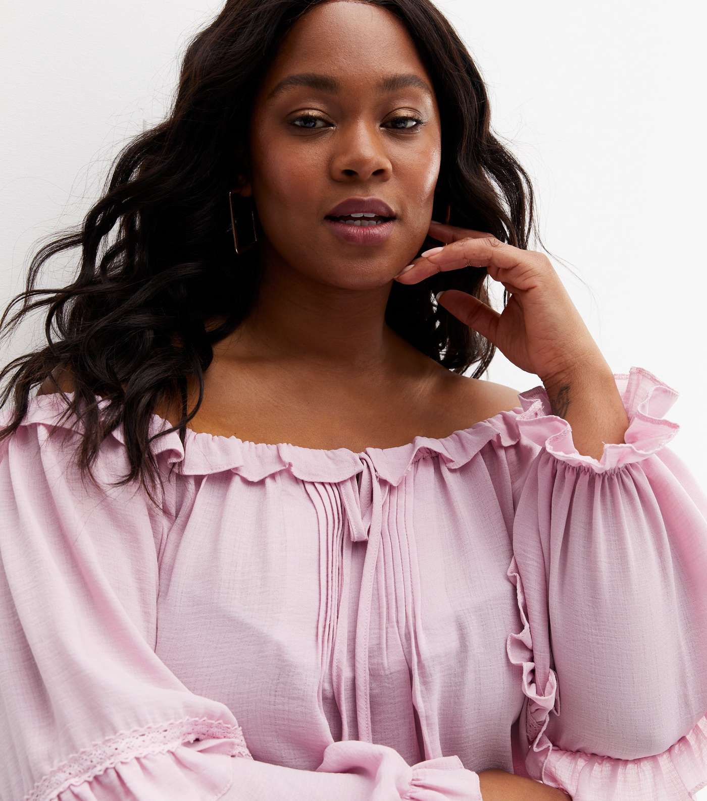 Curves Pink Frill Tie Front Bardot Blouse