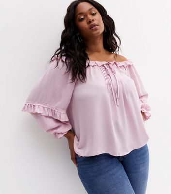 Curves Pink Frill Tie Front Bardot Blouse New Look