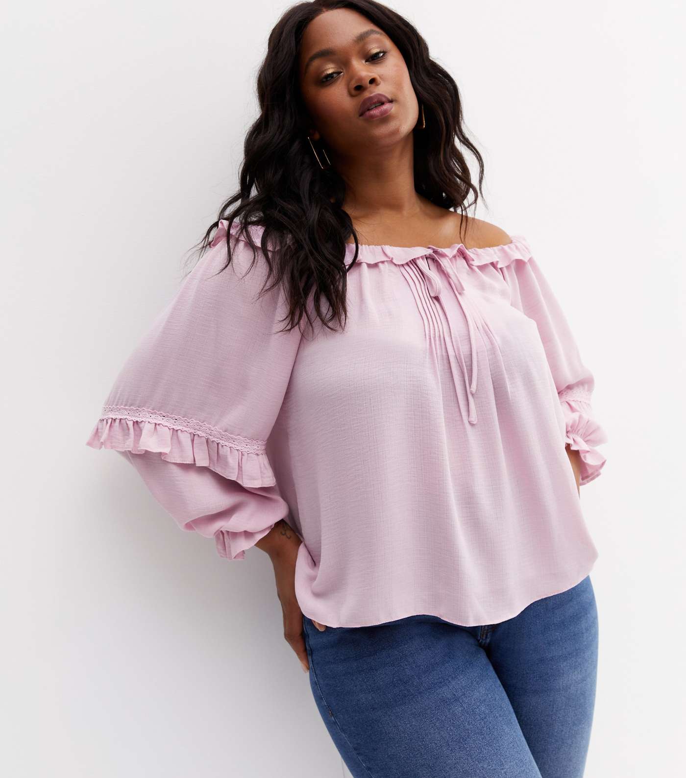 Curves Pink Frill Tie Front Bardot Blouse Image 3