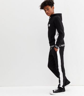 Boys Black NYC Logo Side Stripe Joggers New Look