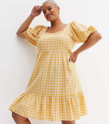 Curves Yellow Check Tiered Midi Dress