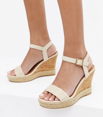 Off White Woven Cork Wedge Heel Sandals 