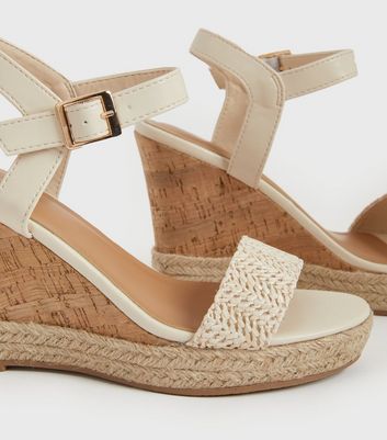 Off White Woven Cork Wedge Heel Sandals 