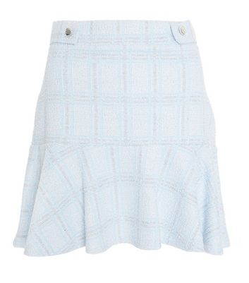 Quiz Pale Blue Jacquard Check Frill Mini Skirt New Look