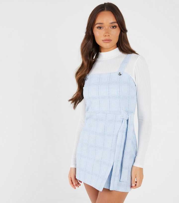 QUIZ Pale Blue Jacquard Check Wrap Pinafore Dress | New Look