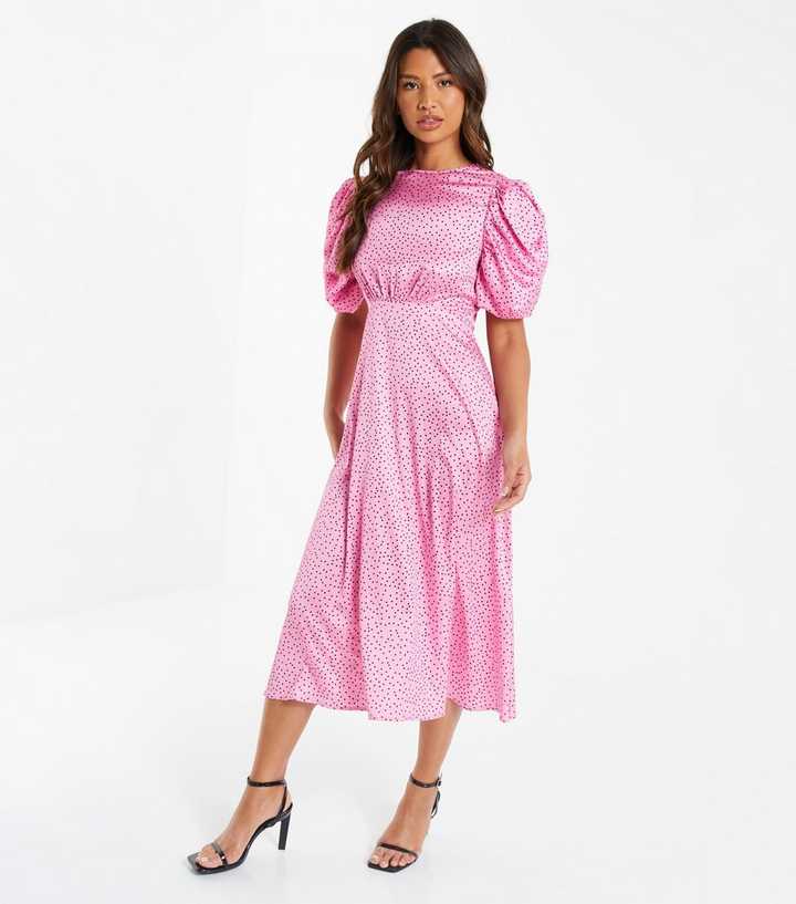 QUIZ Mid Pink Polka Dot Satin Midi Dress | New Look