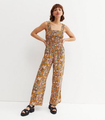 Orange Floral Shirred Square Neck 