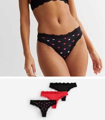 3 Pack Black Red and Lips Print Lace Trim Thongs
