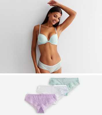 3 Pack White Lilac and Green Leopard Lace Brazilian Briefs