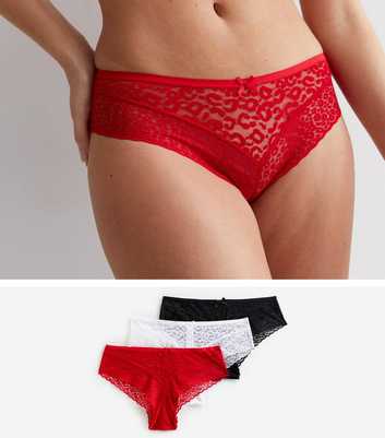 3 Pack Red Black and White Leopard Lace Brazilian Briefs