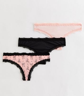 3 Pack Pink and Black Bow Lace Trim Thongs New Look