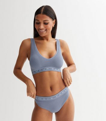 Pale Blue Amour Logo Ribbed Seamless Thong