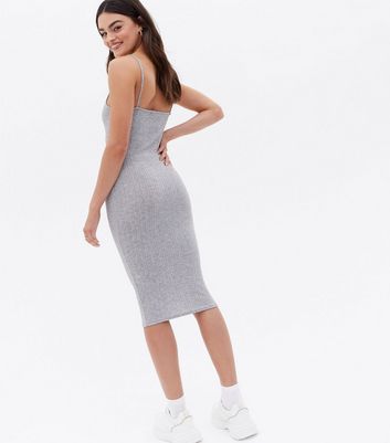 Parisian Grey Ribbed Strappy Bodycon Midi Dress New Look