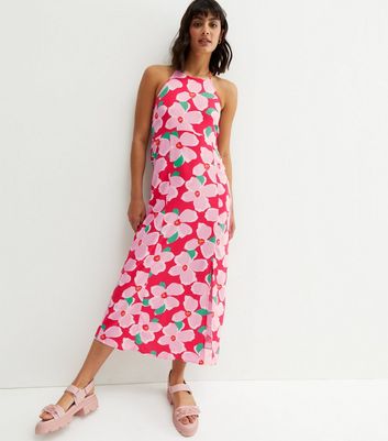 Pink Floral Midi Halter Dress