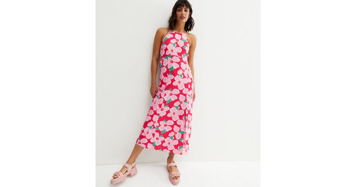 Pink Floral Midi Halter Dress | New Look